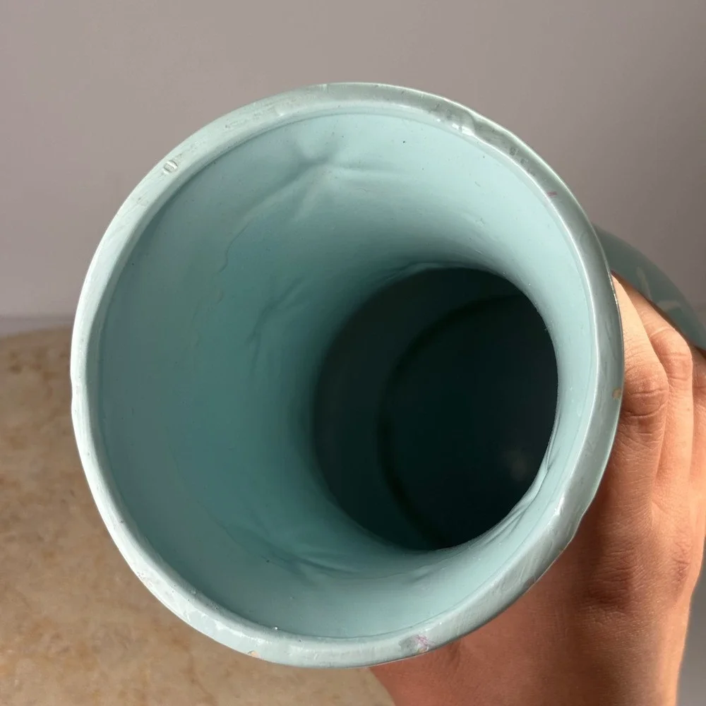 VTG Ceramic Vase 9.5in Blue Mid Century Modern Raised Atomic Starburst Hourglass
